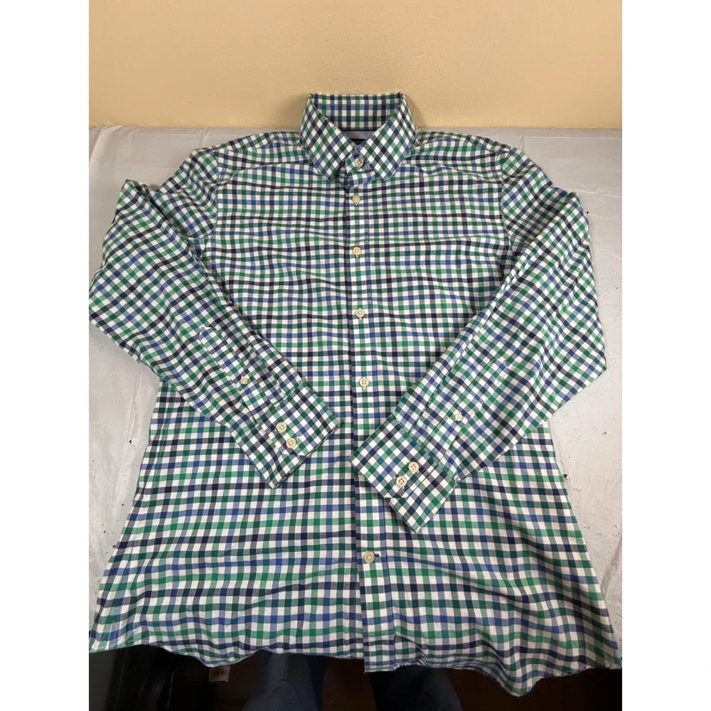 Banana Republic Mens Non-Iron‎ Slim Fit Gingham Button Down Shirt Green Blue M